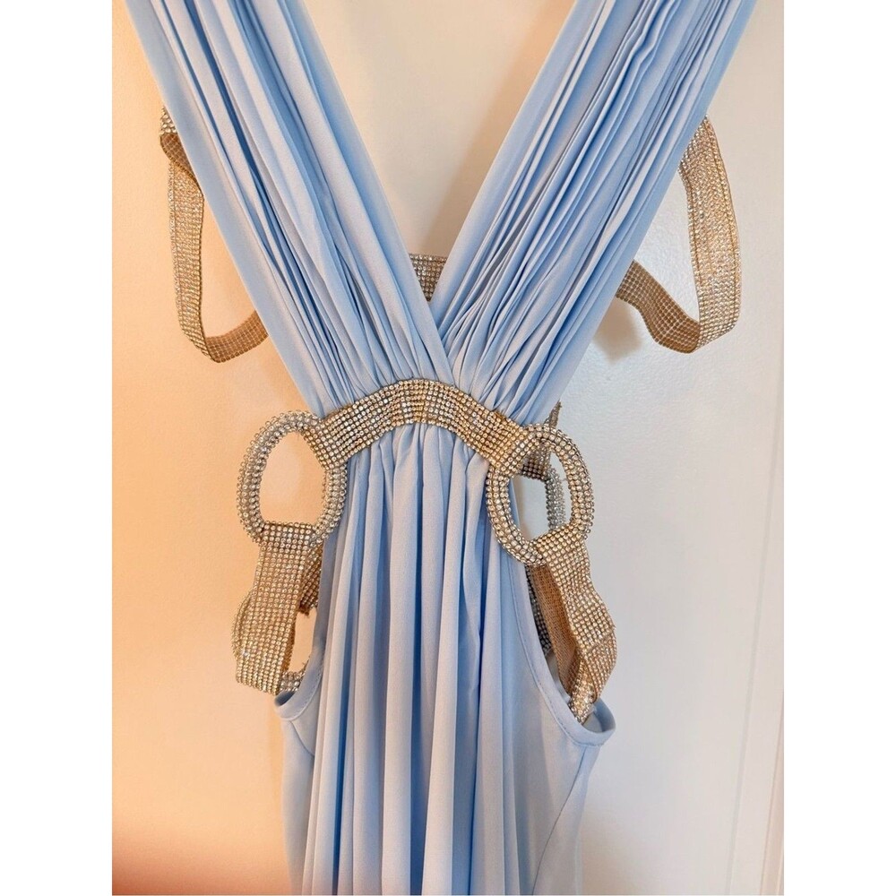 NEW Bronx Banco Brielle Powder Blue Diamond Gown Elegant Plunge Cutout dress, XS - Picture 13 of 16